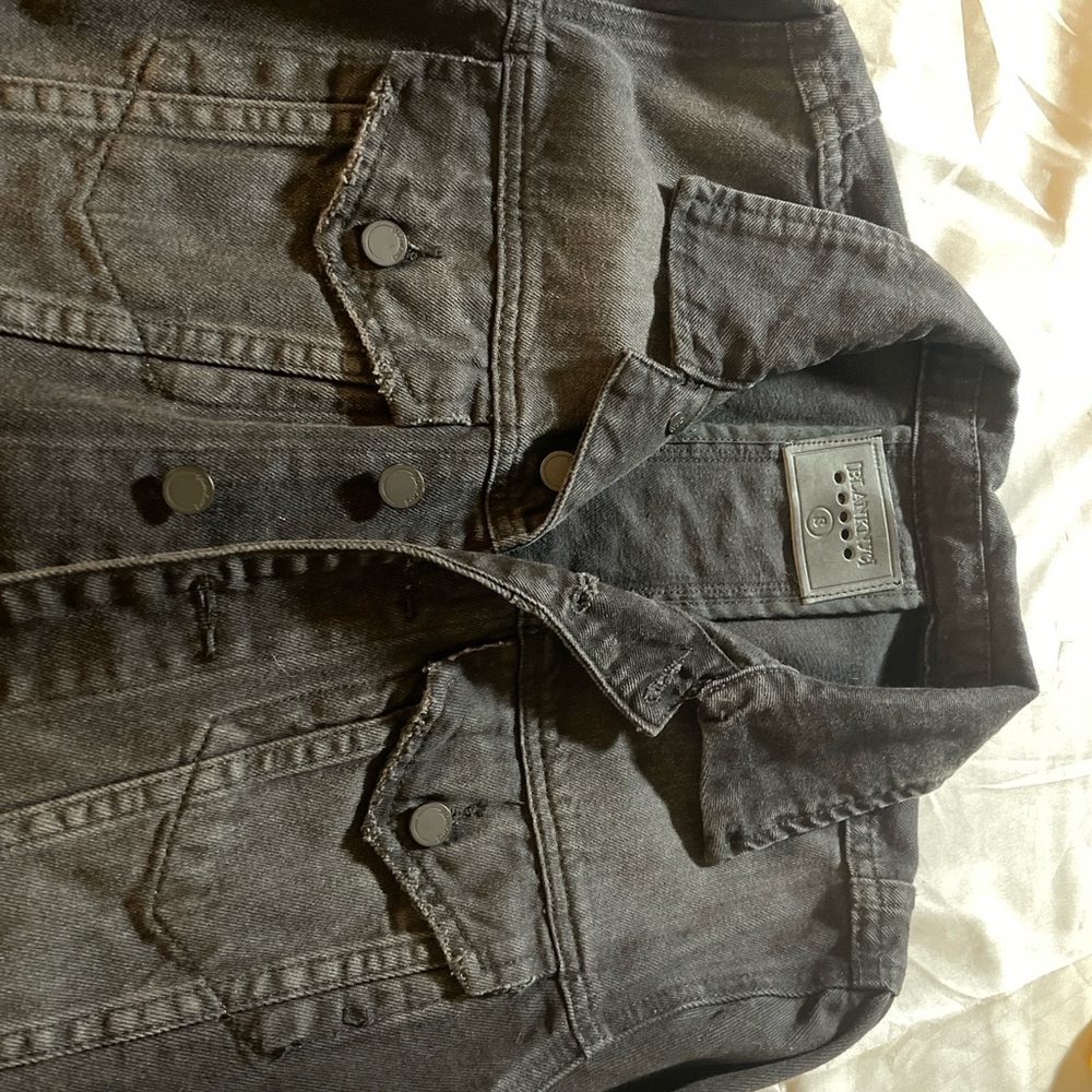 Black Denim Jacket Lace-Up Sleeve & Side Cropped Women’s Small 100% Cotton - Picture 5 of 10